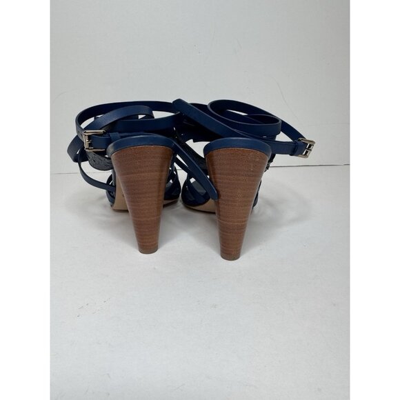 Tod’s Blue 4” Heel Leather Ankle Strappy Tie Sandal 38 Size 8 MINT - Picture 7 of 11